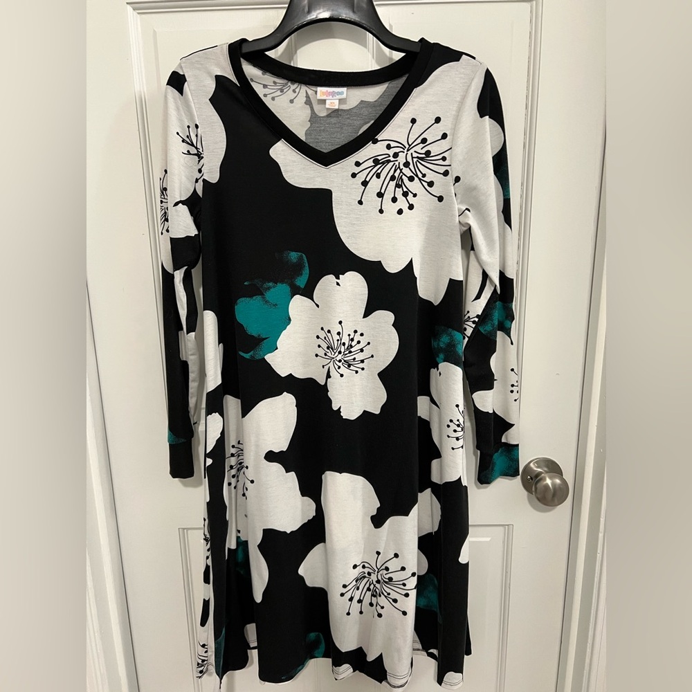 LuLaRoe Black, White and Teal Floral V-Neck Dress